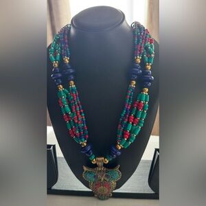 Colorful Beaded Necklace with Owl Pendant